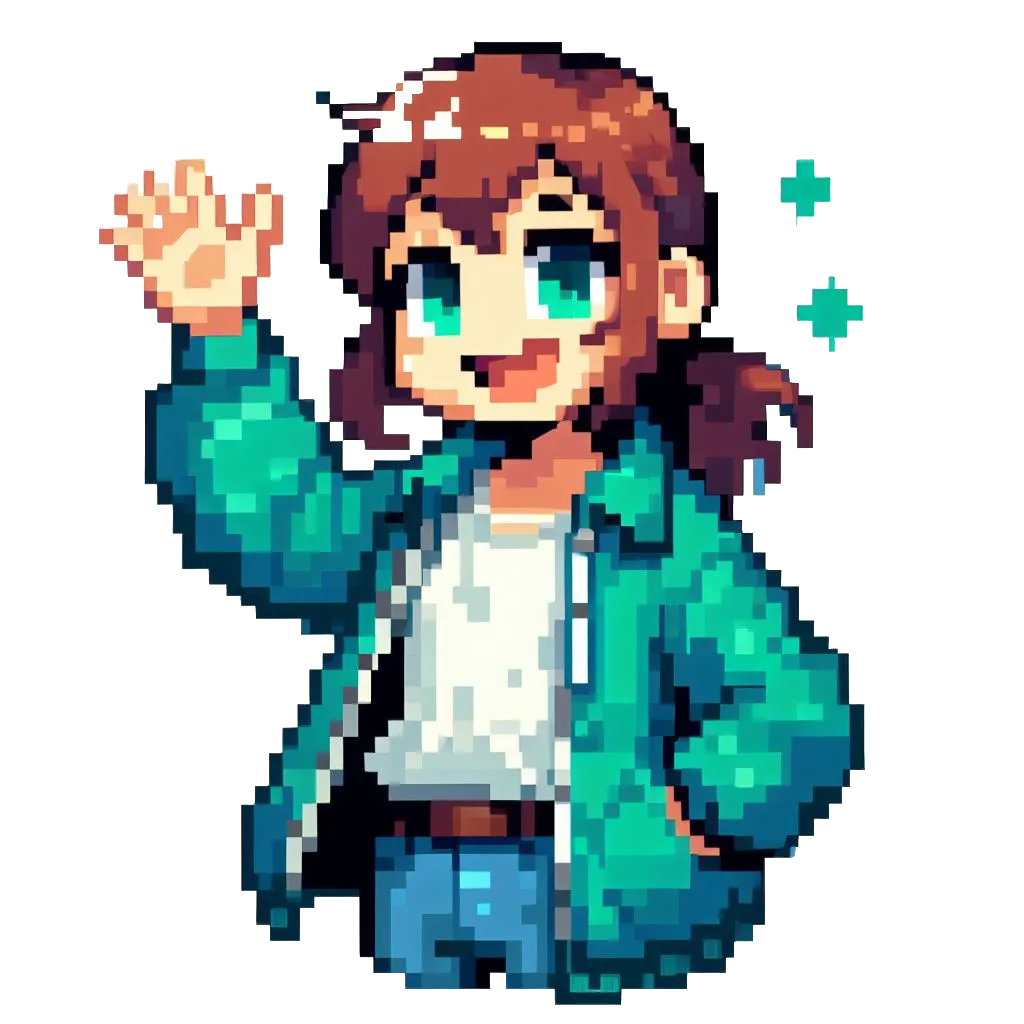A pixel art girl waving at you.