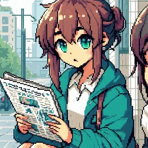 Pixel girl reading news paper.